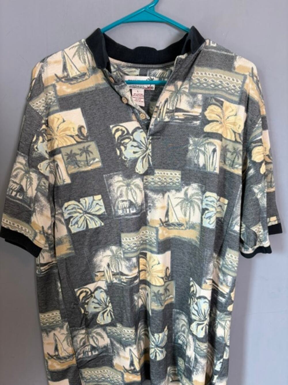 Summa Mens Gray Tropical Hawaiian Print Polo Shirt Size L